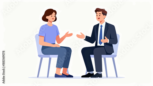 A man and a woman are sitting in chairs and talking to each other. The man is wearing a suit and tie