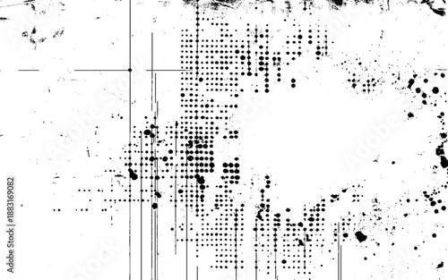 Rough Grunge Halftone Print Texture. Minimal Black and White Halftone Noise Overlay. 