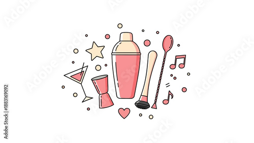Stylish Cocktail Design Featuring Cocktail Accessories, Musical Notes and Party Elements