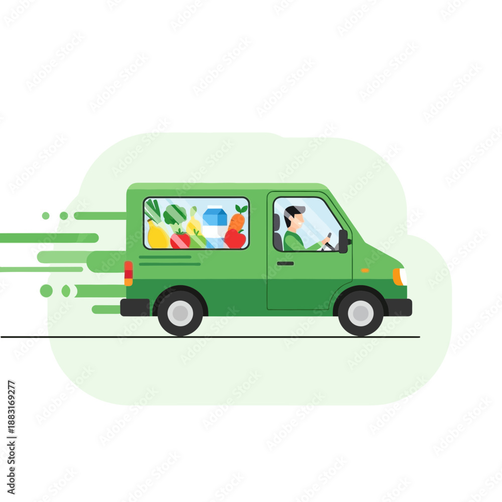 Fototapeta premium Swift Grocery Delivery: A Vibrant Green Van Delivering Fresh Produce with Speed and Efficiency
