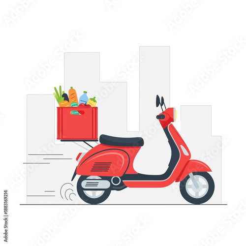 Swift Grocery Deliveries: A Vibrant Red Scooter Transporting Fresh Food Through Urban Landscapes