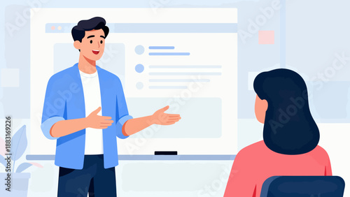 A man is talking to a woman in front of a white board. The man is smiling and the woman is looking at him. The white board has a few words on it, but it is not clear what they are