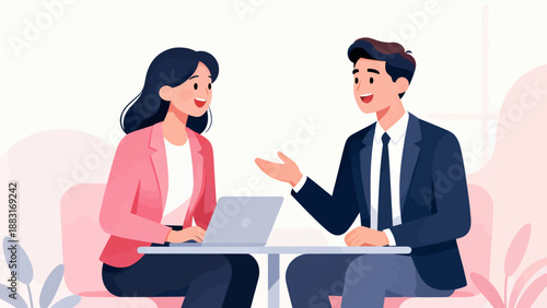 A man and a woman are sitting at a table with a laptop in front of them. The man is smiling and the woman is smiling back. Scene is positive and friendly