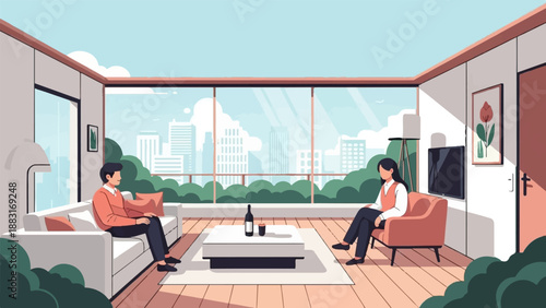 Two people relax in a modern living room overlooking a city skyline
