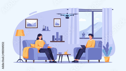Two people relax in armchairs at home, a drone flies indoors