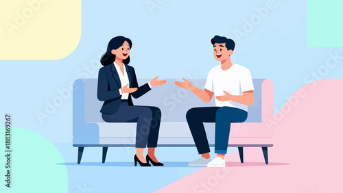 A woman and a man are sitting on a couch, talking to each other. The woman is wearing a suit and the man is wearing a white shirt. Concept of professionalism and communication between the two people