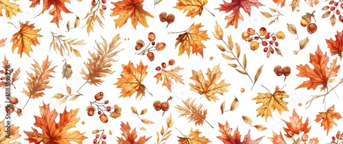 Wallpaper Mural Watercolor Autumn Pattern with Assorted Tree Leaves, Berries, and Acorns on White, Botanical Painting of Fall Foliage Torontodigital.ca