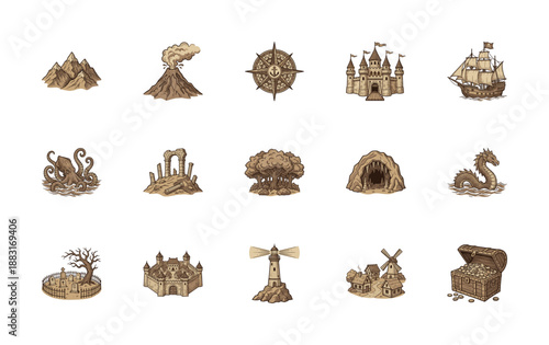 Vintage Woodcut Engraving Fantasy Map Adventure Graphic Element Kit for Tabletop RPG and Nautical Design