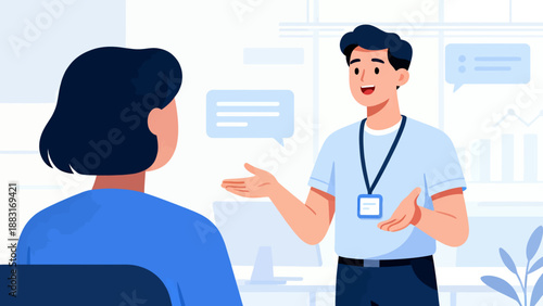 A man and a woman are talking to each other in a room. The man is wearing a blue shirt and the woman is wearing a blue shirt