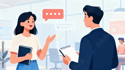 A woman and a man are talking in a room. The woman is holding a book and the man is holding a notebook