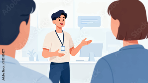 A man is talking to two people in a room. The man is wearing a lanyard