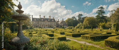 Detailed View Of Garden Decor And Maze At A Historic UK Stately Home With Copy Space