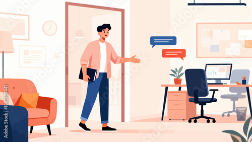 A man is standing in front of a door with a book in his hand. He is smiling and he is happy. The room is decorated with a couch, a chair, and a potted plant