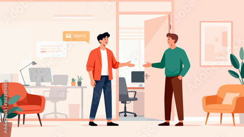 Two men are talking in a room with a chair and a potted plant. Scene is casual and friendly