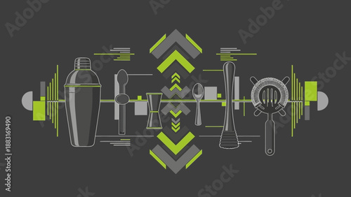 Stylish Cocktail Tools Arrangement With Abstract Geometric Design on a Dark Background
