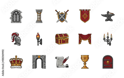 Hand-drawn Vector Medieval Fantasy Castle Quest Graphic Asset Sheet for Tabletop RPG Gaming UI