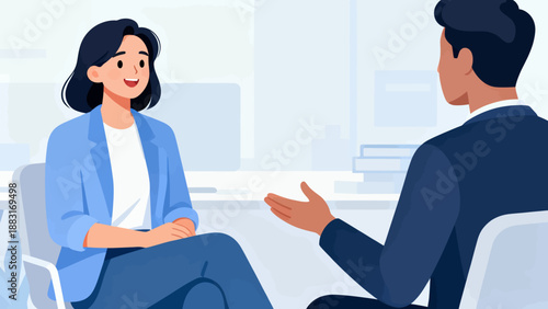 A woman and a man are having a conversation in a room. The woman is smiling and the man is wearing a suit. Scene is friendly and professional