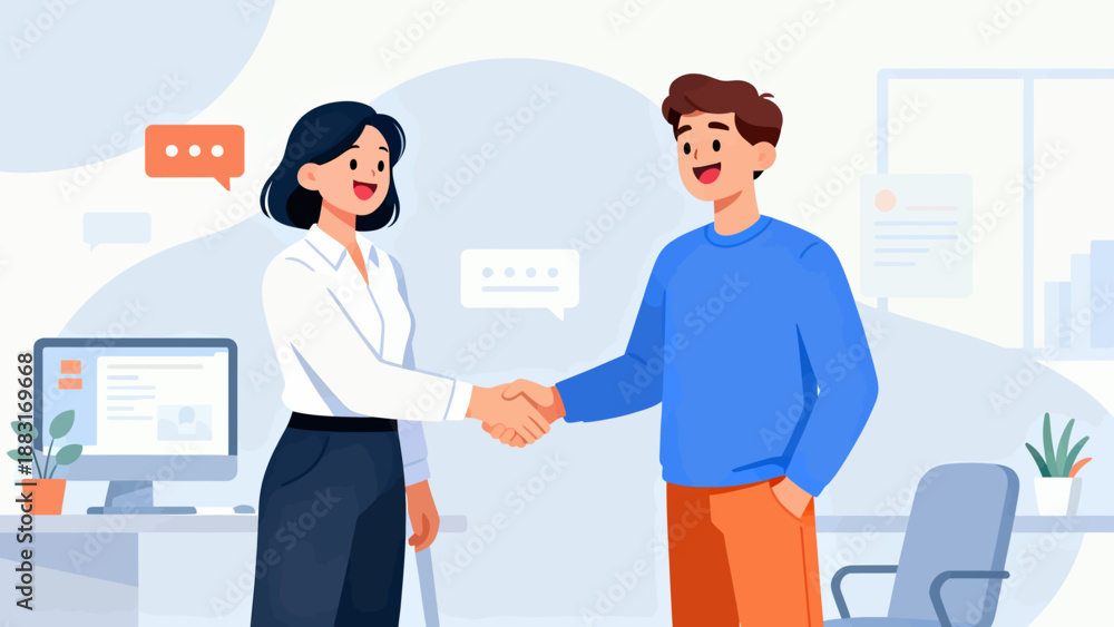 Fototapeta premium A man shakes hands with a woman in a business setting. The woman is smiling and the man is smiling back. The scene is set in an office with a computer monitor and a chair