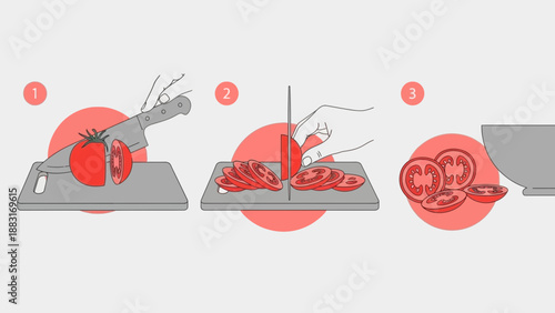 Tomato Preparation Illustration Showing Cutting Technique for Culinary Applications