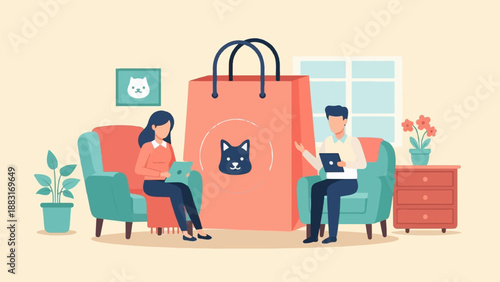 Two people on couches, facing each other, with a large shopping bag between them