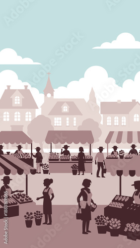 Town Square Market Scene Depicting People Shopping at Stalls Against a Softly Colored Sky