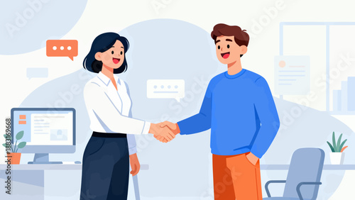 A man shakes hands with a woman in a business setting. The woman is smiling and the man is smiling back. The scene is set in an office with a computer monitor and a chair