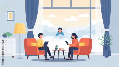 Two people on couches looking at devices, one person in sky behind them