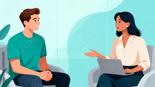 A man and a woman are sitting in a room, with a laptop on the table in front of the woman. The man is smiling and the woman is talking to him. Scene is friendly and relaxed