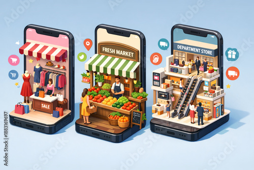 Online Shopping Isometric Smartphone Screens with Boutique, Market, and Department Store