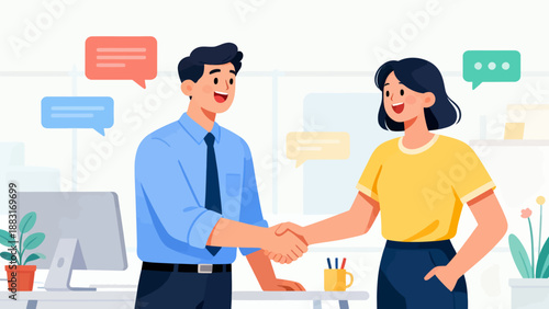 A man shakes hands with a woman in a yellow shirt. The woman is smiling and the man is smiling back. Concept of professionalism and camaraderie between the two people