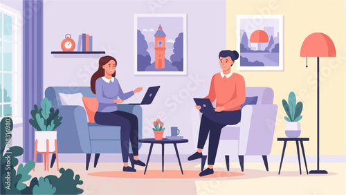Two people on couches with laptops, living room decor
