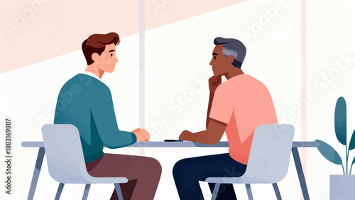 Two men are sitting at a table, one of them is looking at the other. The man on the left is wearing a blue shirt and the man on the right is wearing a pink shirt. They are having a conversation