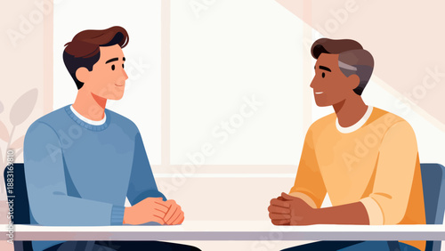Two men are sitting at a table, one of them is smiling. The other man is looking at the first man