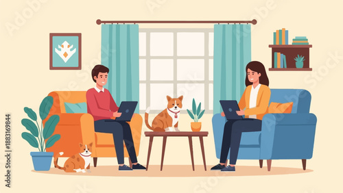 Two people on couches with laptops, pets, and plants in cozy room