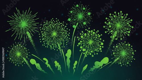 Green fireworks exploding in night sky festive celebration graphic for holidays and events abstract light show illustration
