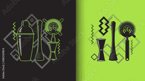 Stylish Cocktail Tools on Black and Green Backgrounds Ready For Creative Applications