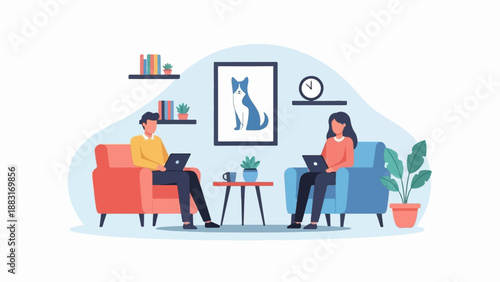 Two people on couches working on laptops in a cozy room