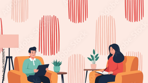 Two people relax in armchairs with abstract wall art and plants