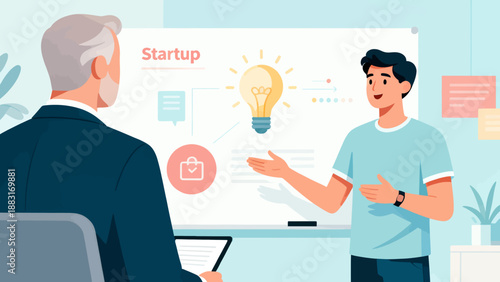 A man is giving a presentation to a young man in front of a white board that says "Startup". The man is explaining the concept of the startup and its potential