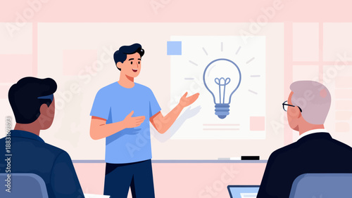 A man is giving a presentation to a group of people. The man is smiling and the people are attentive. The presentation is about a light bulb, which is the main focus of the image