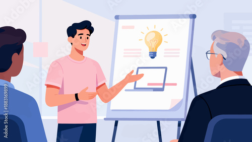 A man is giving a presentation to a group of people. The presentation is about a new idea or concept. Scene is serious and focused, as the man is trying to convey his message to the audience