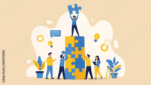 Team Collaborating to Build a Large Puzzle for Business Success innovation team collaboration vector