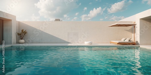 Contemporary swimming pool with wall, designed for editorial header backgrounds, showcasing geometric shapes and water reflection, World Water Day