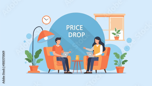 Two people on laptops in comfy chairs with a "PRICE DROP" sign