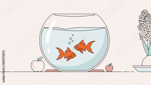 Two goldfish swimming in a clear fishbowl with small apples and a potted plant minimalist vector illustration for pet care or aquatic themes