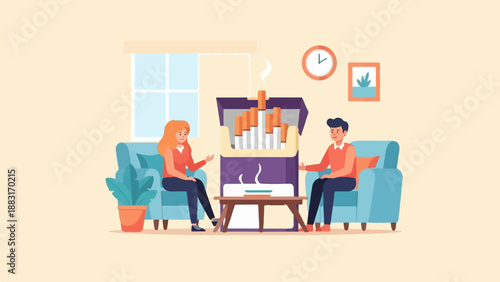 Two people on sofas, talking by a large pack of cigarettes