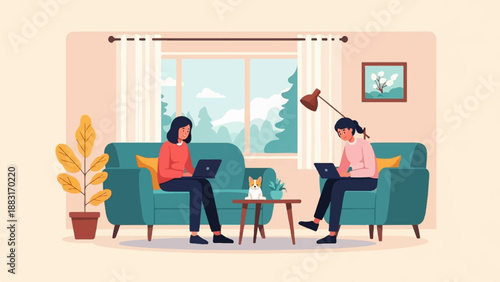 Two people on sofas using laptops with a dog and plant present
