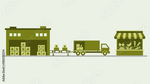 Vegetable And Fruit Supply Chain Illustration Depicting Production, Transportation, And Sales