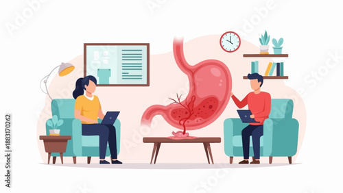 Two people on sofas looking at a stomach illustration, one with laptop