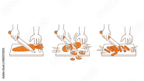 Vegetable Culinary Workflow: Carrots Sliced in Three Stages Depicted in an Illustrated Format